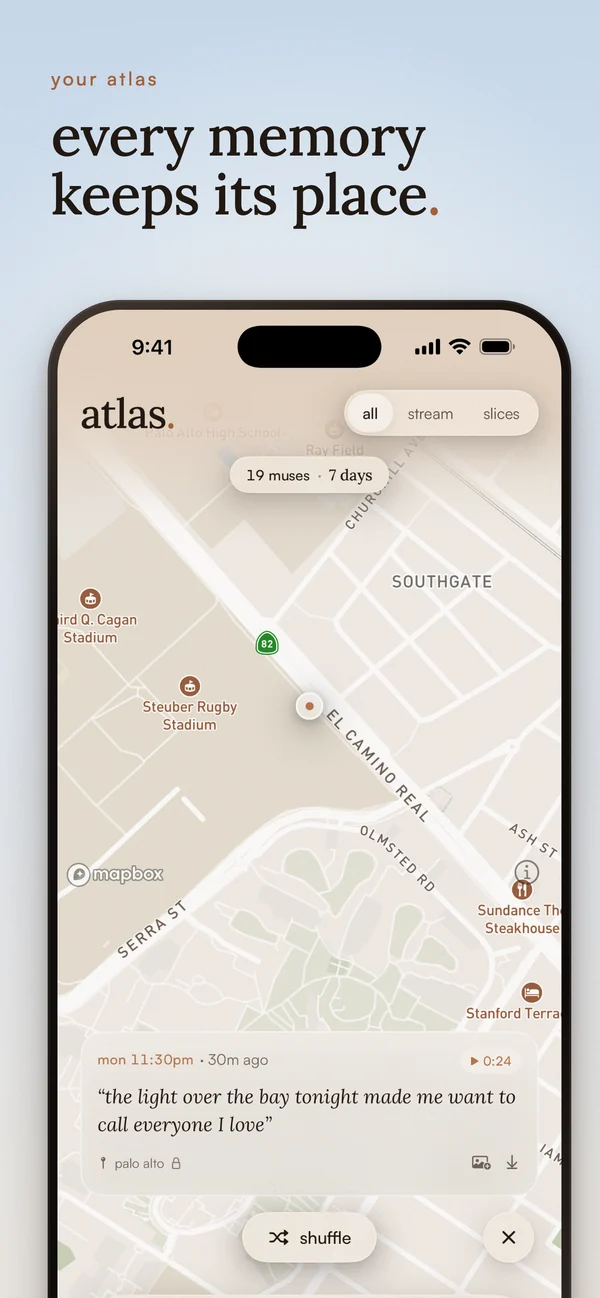 your atlas. every memory keeps its place. the atlas map, with pins for each muse.
