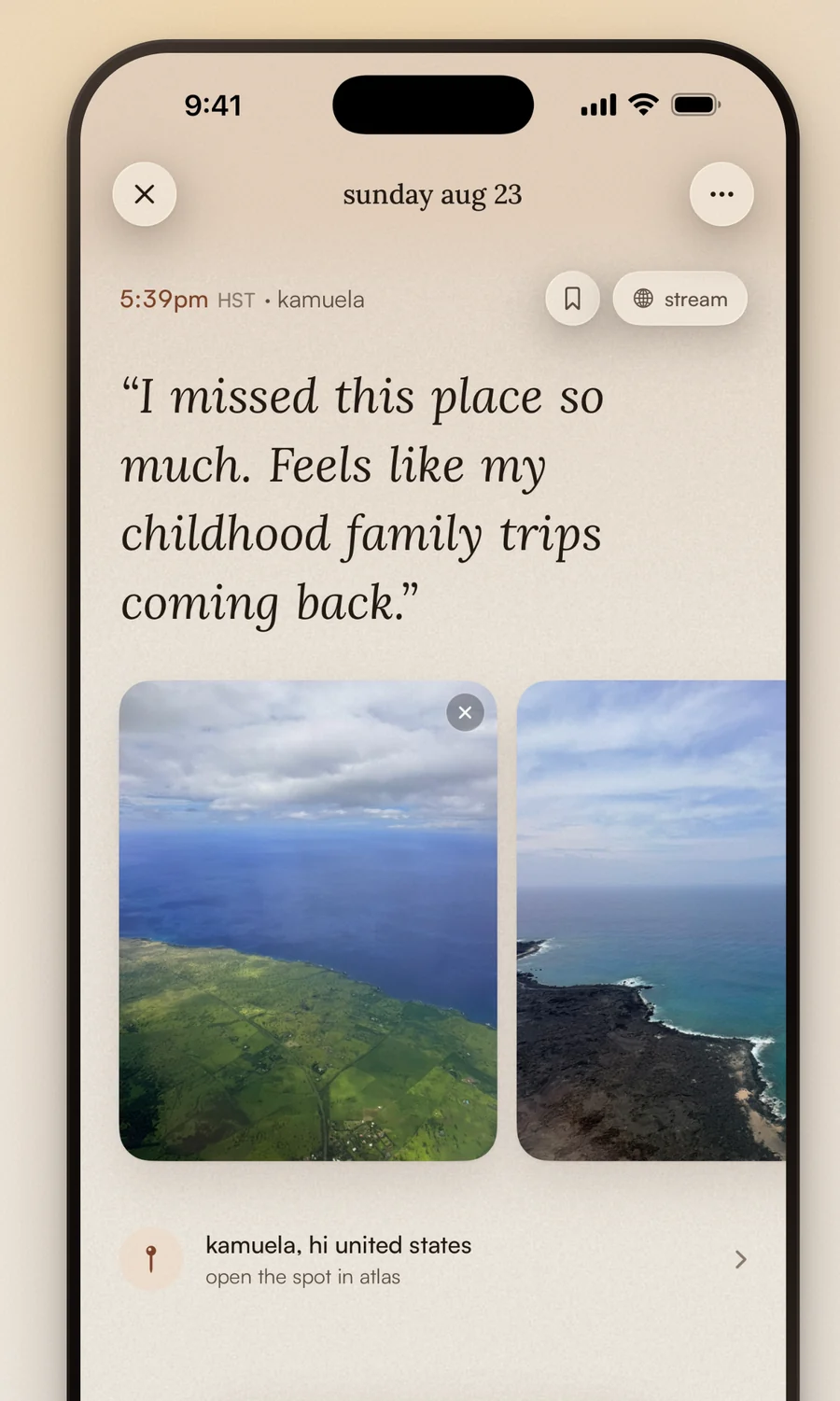 museum on iphone: a muse from kamuela, “I missed this place so much. Feels like my childhood family trips coming back.”, with two photos of the coast.
