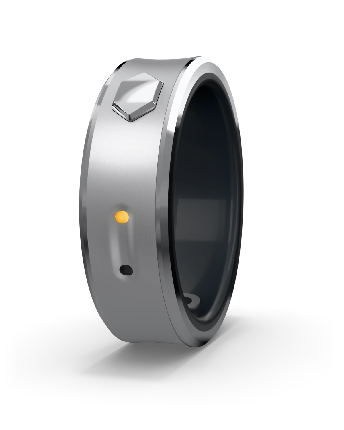 museo in natural: a silver matte ring with a polished hexagon button and an amber light.